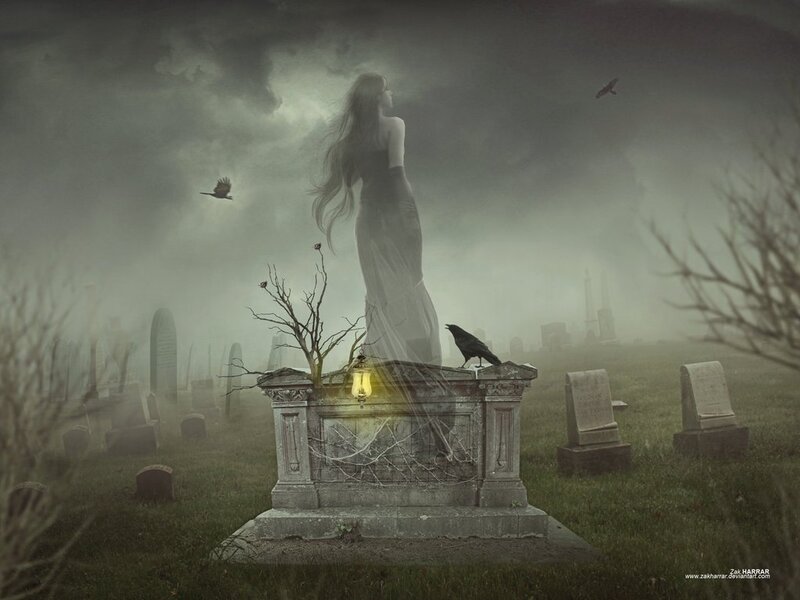 Woman on Gravestone — Gray