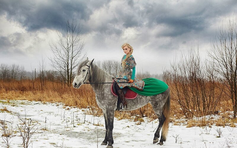 Woman on Gray Horse — Dramatic