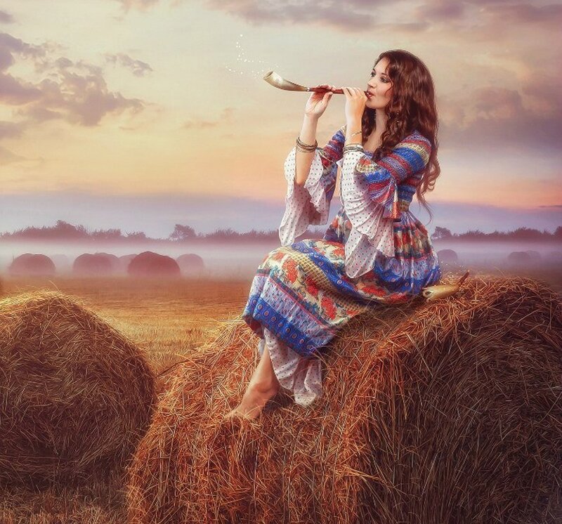 Woman on Hay Bale — Brown, Serene