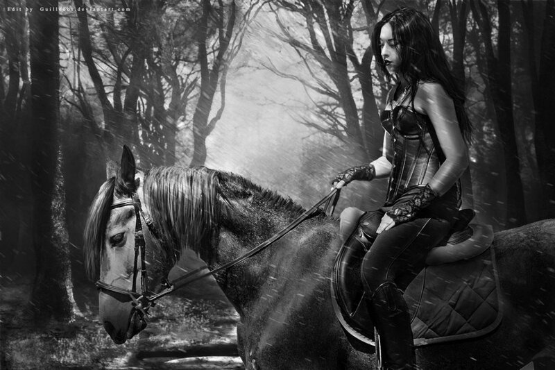 Woman on Horse in Forest — Black