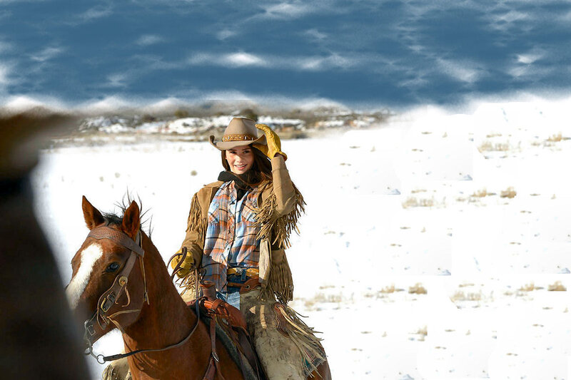 Woman on Horse in Snow — White, Dramatic
