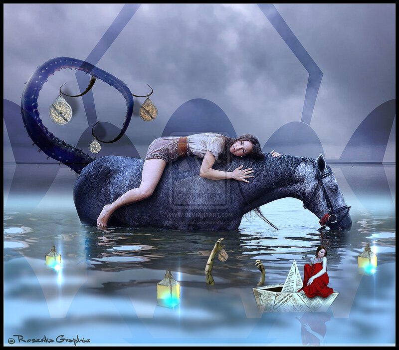 Woman on Horse in Water — Blue, Dreamy
