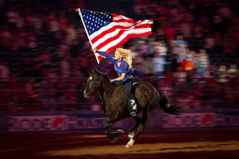 Woman on Horse with Flag — Red