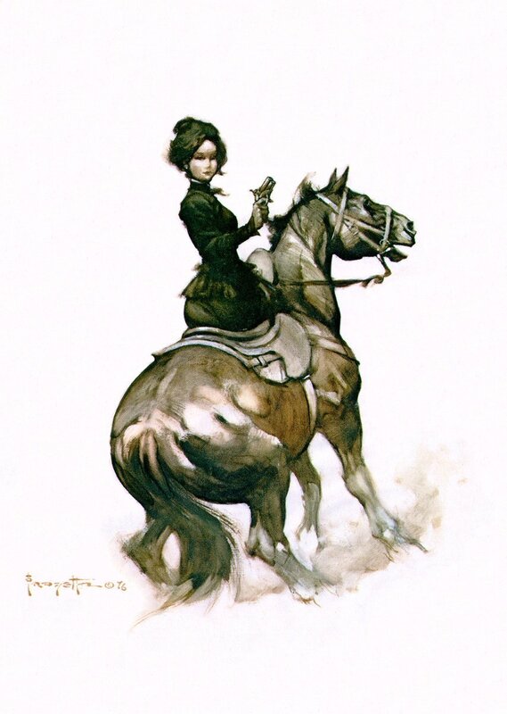 Woman on horse with pistol