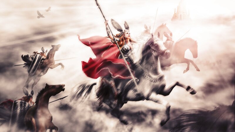 Woman on Horse with Spear — Red