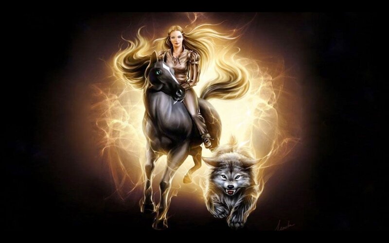 Woman on Horse with Wolf — Black