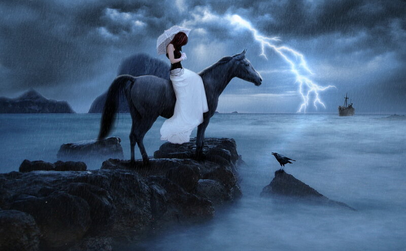 Woman on Horseback — Blue, Dramatic, Night, Digital Art, Horse