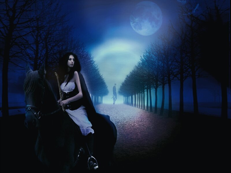 Woman on Horseback — Blue, Dramatic, Night