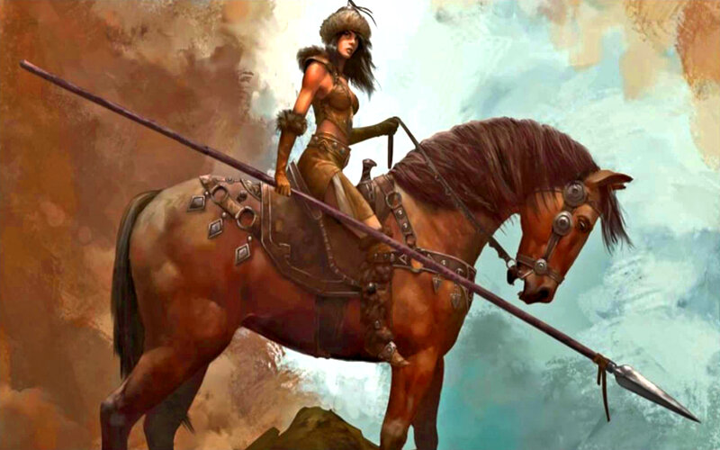 Woman on Horseback — Brown, Dramatic, Digital Art