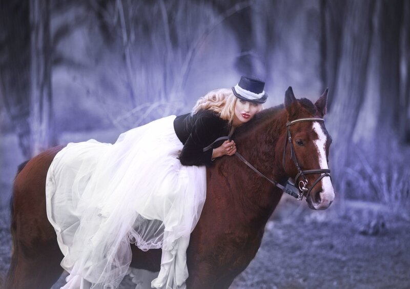 Woman on Horseback — Brown, Dramatic, Photograph