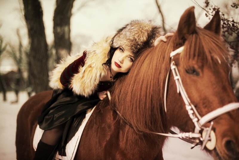 Woman on Horseback — Brown, Dramatic, Winter