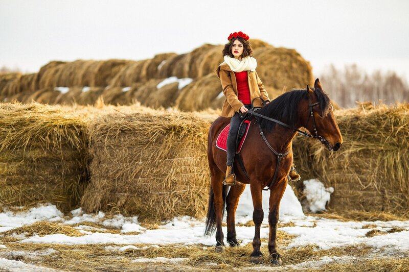 Woman on Horseback — Brown, Serene, Winter