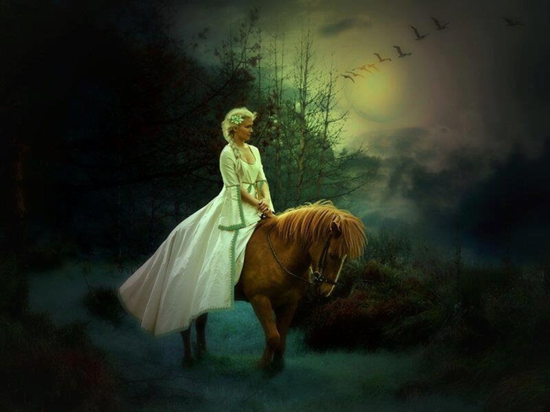 Woman on Horseback — Green, Dramatic