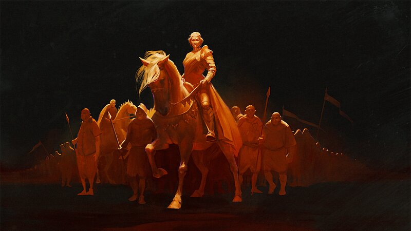 Woman on Horseback — Orange, Dramatic, Night