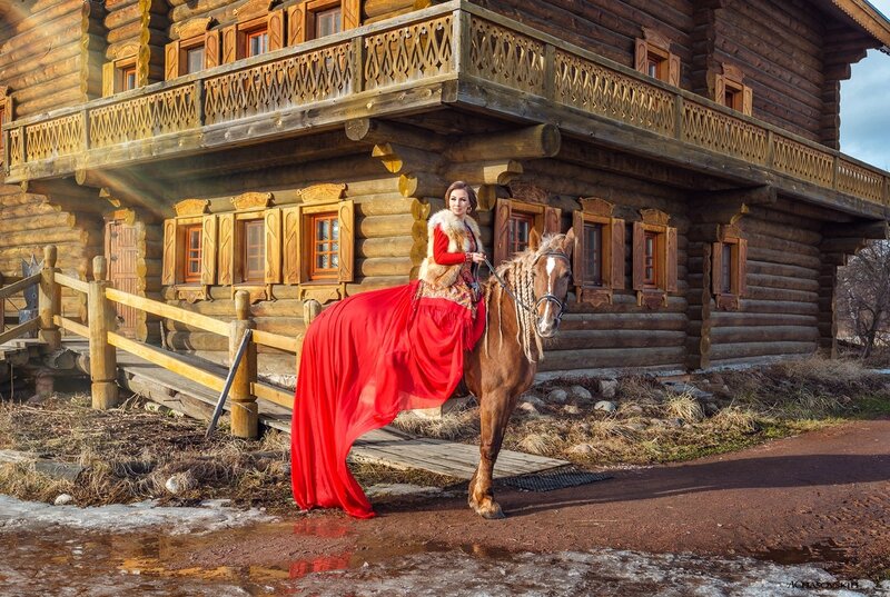 Woman on Horseback — Red, Dramatic