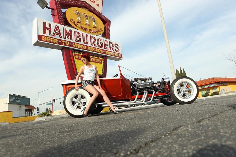 Woman on Hot Rod Car — Red