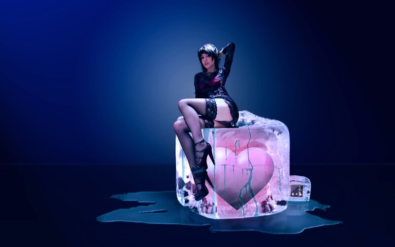 woman on ice block with heart