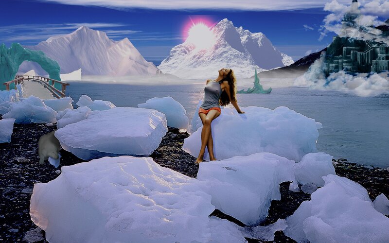 woman on ice in fantasy landscape