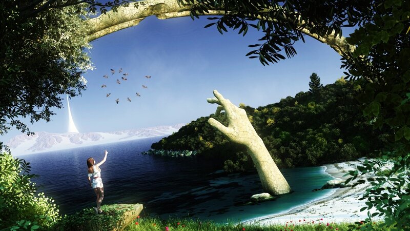 woman on island with giant hand