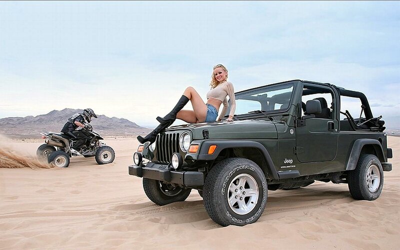 Woman on Jeep in Desert — Brown