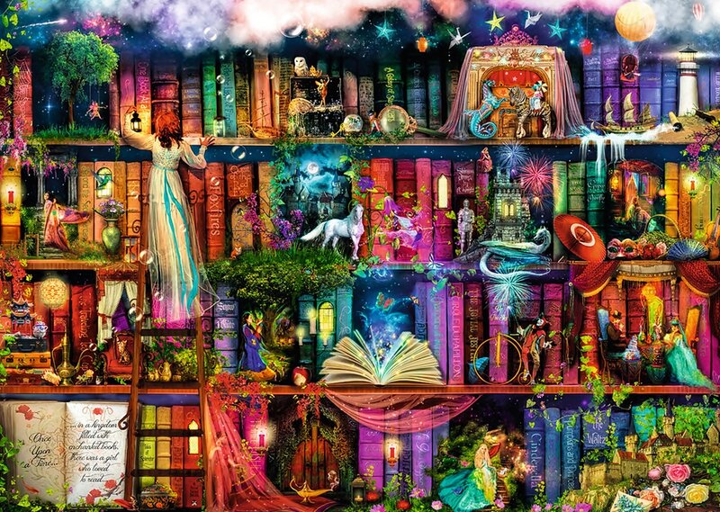 Woman on Ladder in Bookshelf