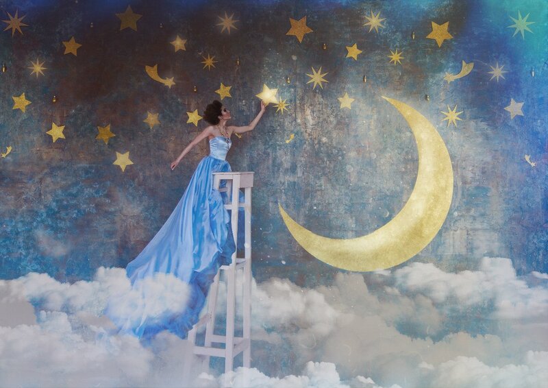 Woman on Ladder Reaching Stars