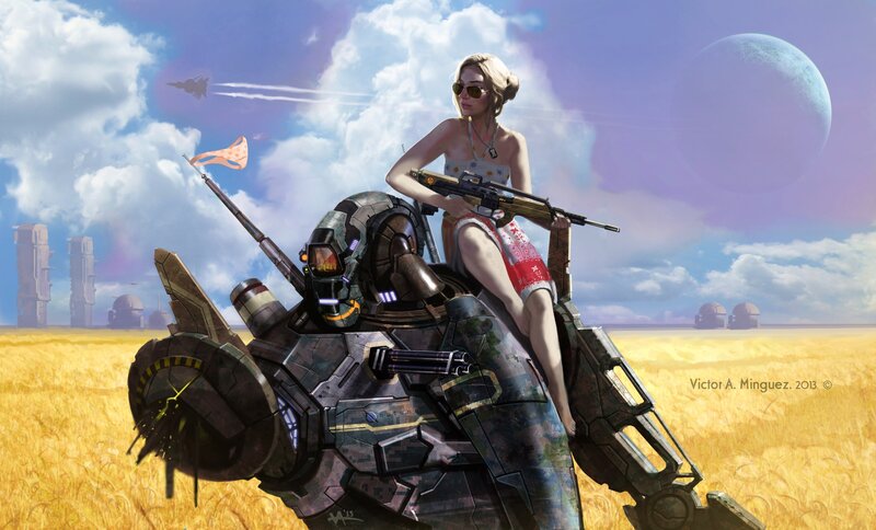 Woman on mech in alien field