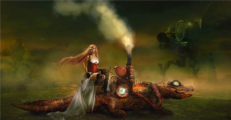 Woman on Mechanical Crocodile
