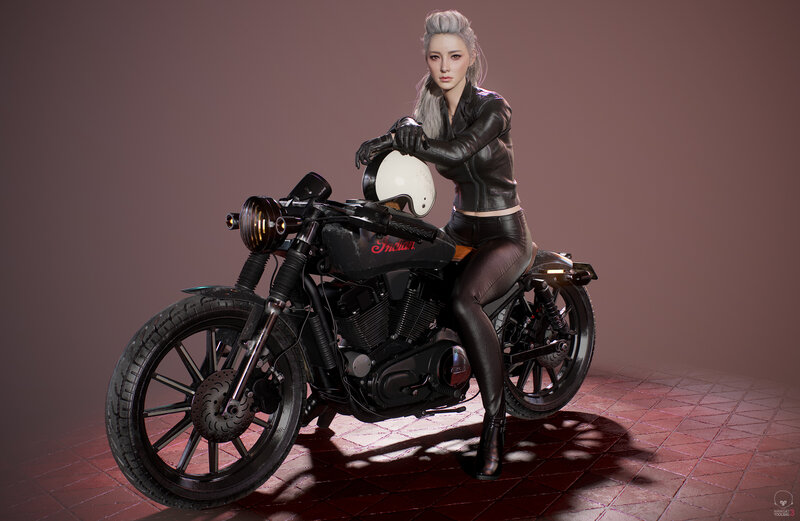 Woman on Motorcycle — Black, Dramatic, 3d Render, Helmet