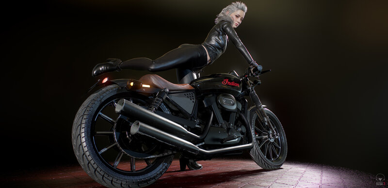 Woman on Motorcycle — Black, Dramatic, 3d Render