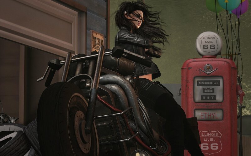 Woman on Motorcycle — Black, Dramatic, Digital Art, Gas Pump