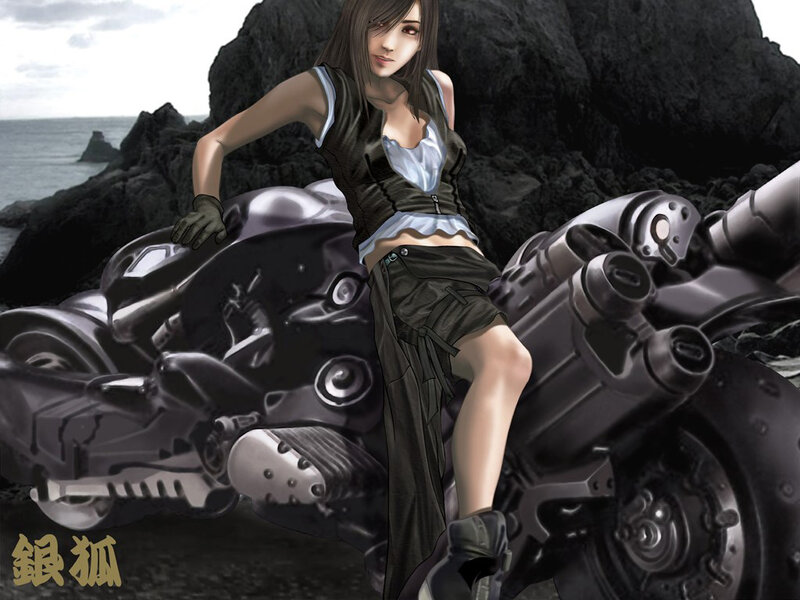 Woman on Motorcycle — Black, Dramatic, Digital Art, Rocks