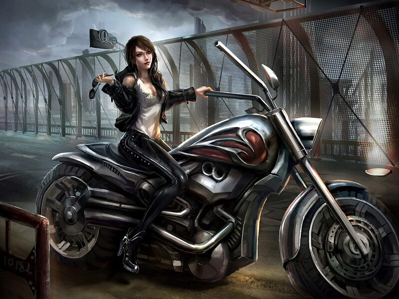 Woman on Motorcycle — Black, Dramatic, Night, Digital Art, Bridge