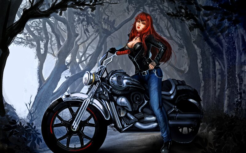 Woman on Motorcycle — Black, Dramatic, Night, Digital Art, Forest