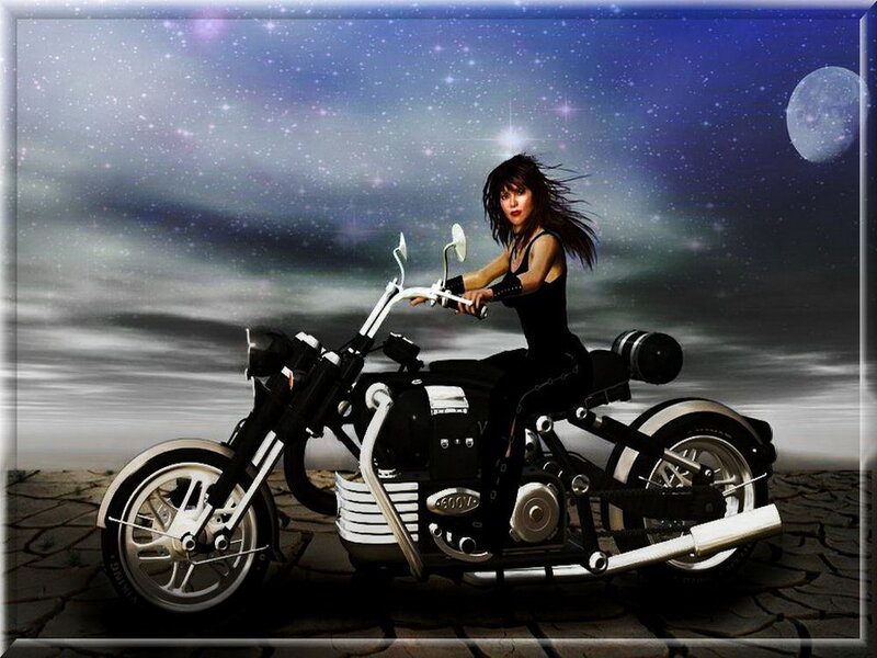 Woman on Motorcycle — Black, Dramatic, Night, Digital Art, Moon