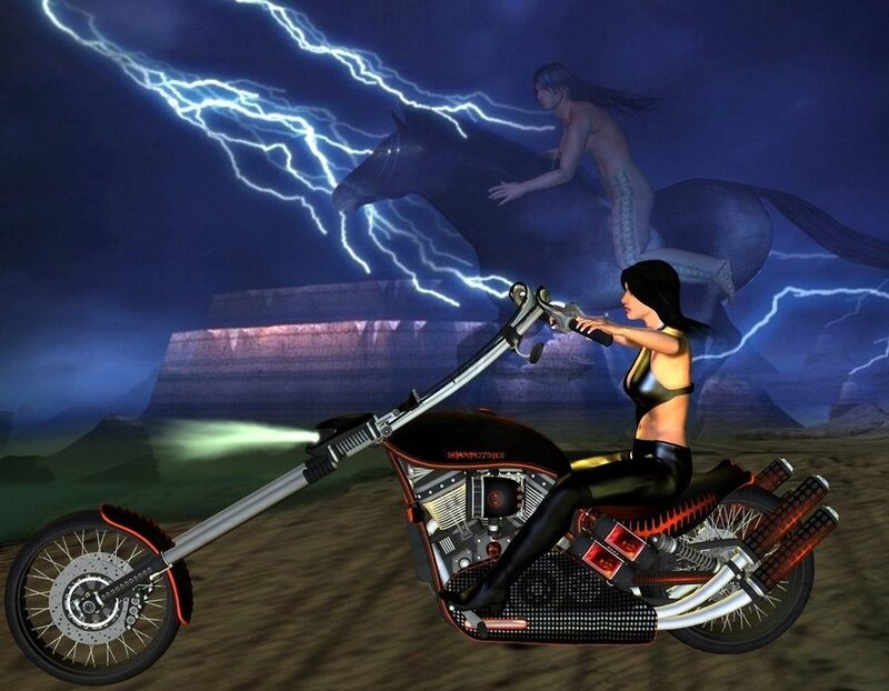 Woman on Motorcycle — Black, Dramatic, Night, Digital Art