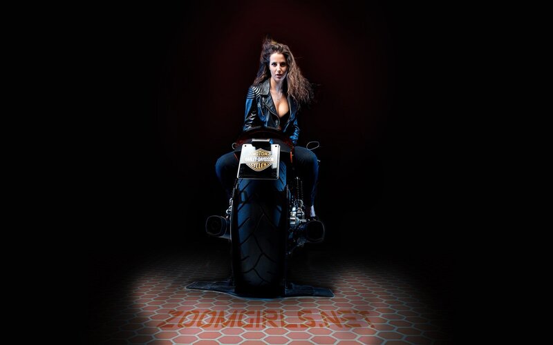 Woman on Motorcycle — Black, Dramatic, Night, Photograph, Leather Jacket, Hexagonal Floor
