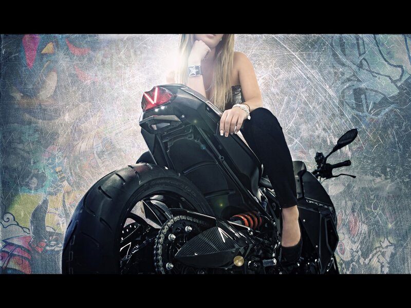 Woman on Motorcycle — Black, Dramatic, Photograph, Graffiti Wall