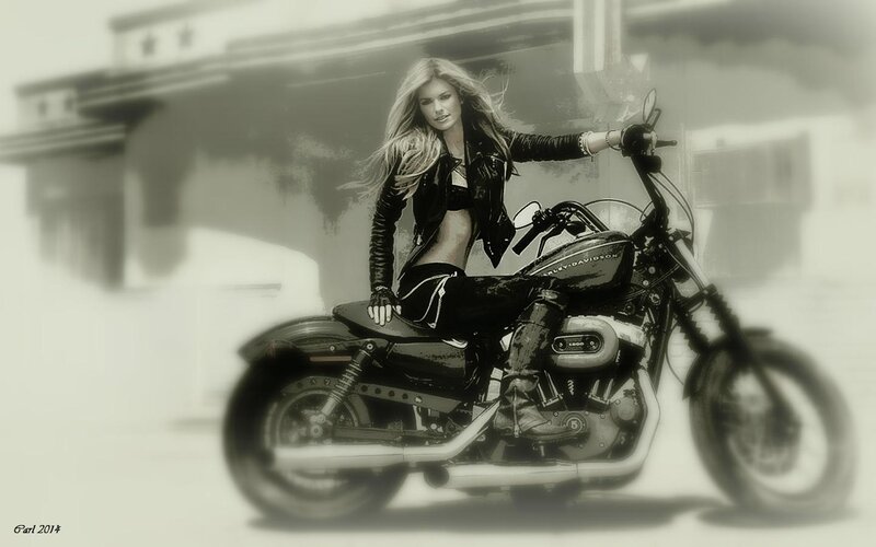 Woman on Motorcycle — Black, Dramatic, Photograph, Leather Jacket, Building