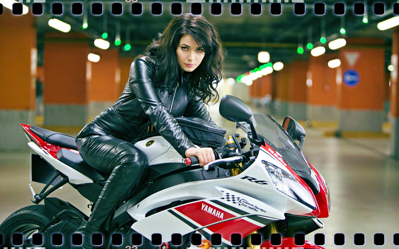 Woman on Motorcycle — Black, Dramatic, Photograph, Leather Jacket, Parking Garage