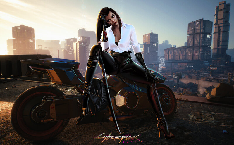 Woman on Motorcycle — Black, Dramatic, Sunset, Digital Art