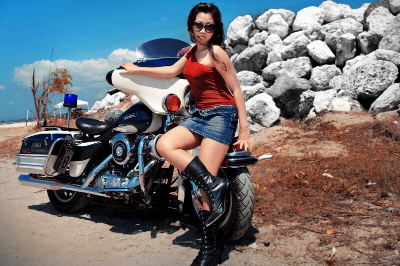 Woman on Motorcycle — Blue, Bright, Afternoon