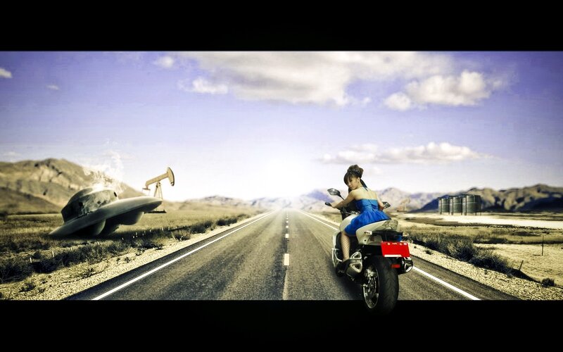 Woman on Motorcycle — Blue, Dramatic, Afternoon, Digital Art