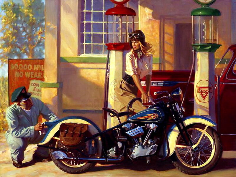 Woman on Motorcycle — Blue, Dramatic, Afternoon, Painting, Gas Pump