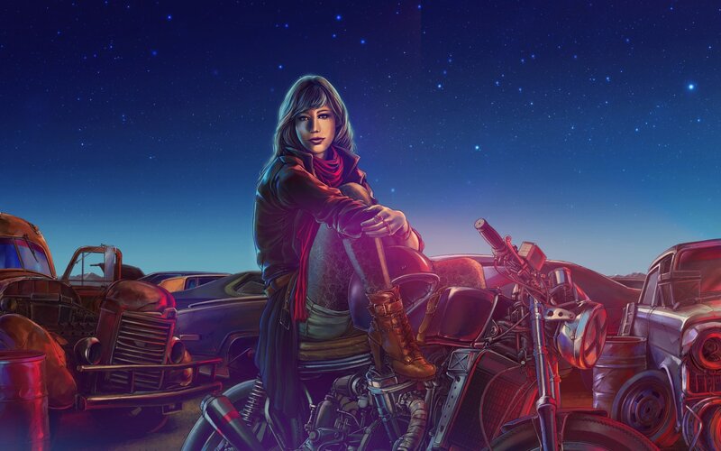 Woman on Motorcycle — Blue, Dramatic, Night, Digital Art, Abandoned Cars