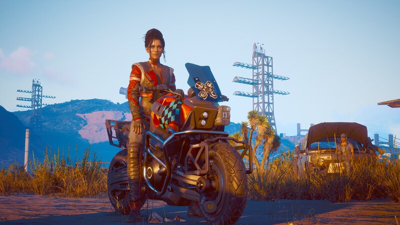 Woman on Motorcycle — Blue, Dramatic, Sunset, 3d Render