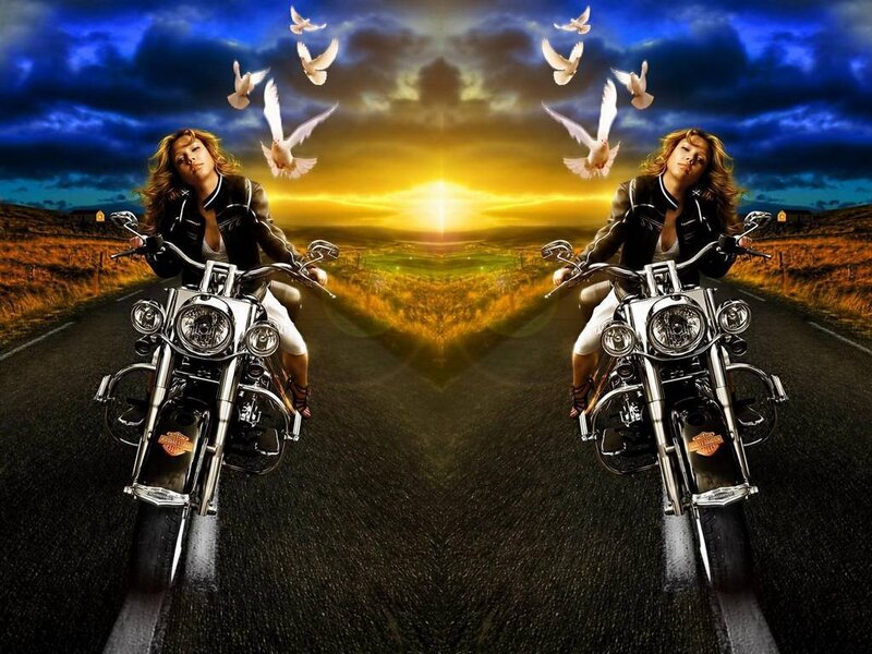 Woman on Motorcycle — Blue, Dramatic, Sunset, Digital Art