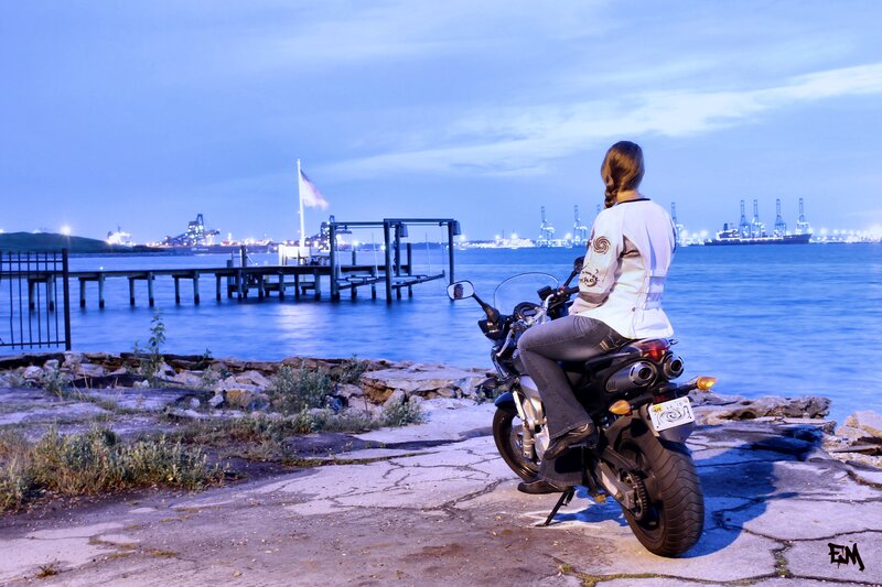 Woman on Motorcycle — Blue, Serene