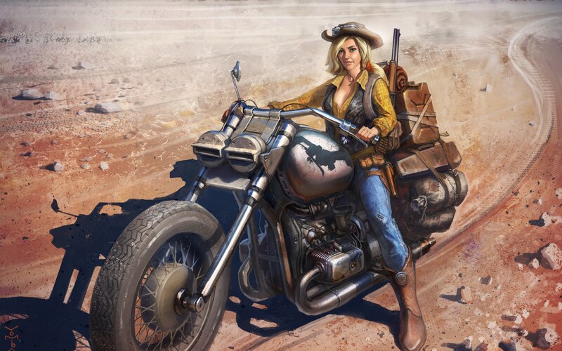 Woman on Motorcycle — Brown, Dramatic, Afternoon, Digital Art