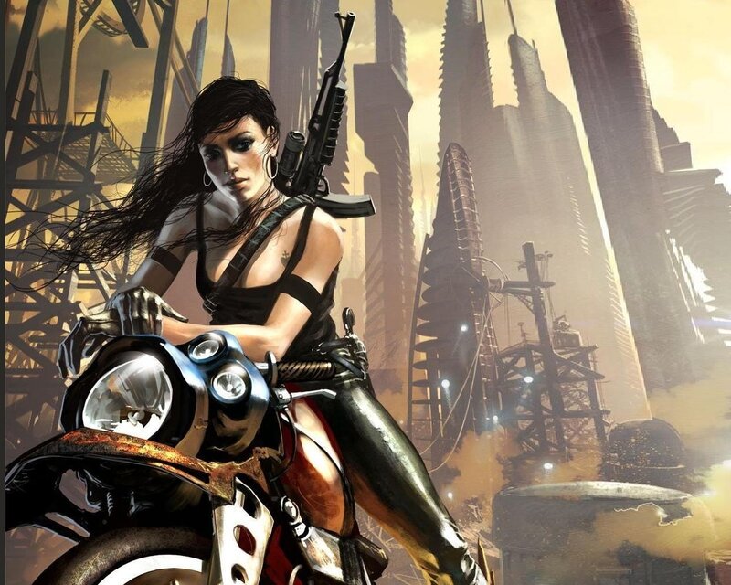 Woman on Motorcycle — Brown, Dramatic, Sunset, Digital Art, Gun, Cityscape, Black